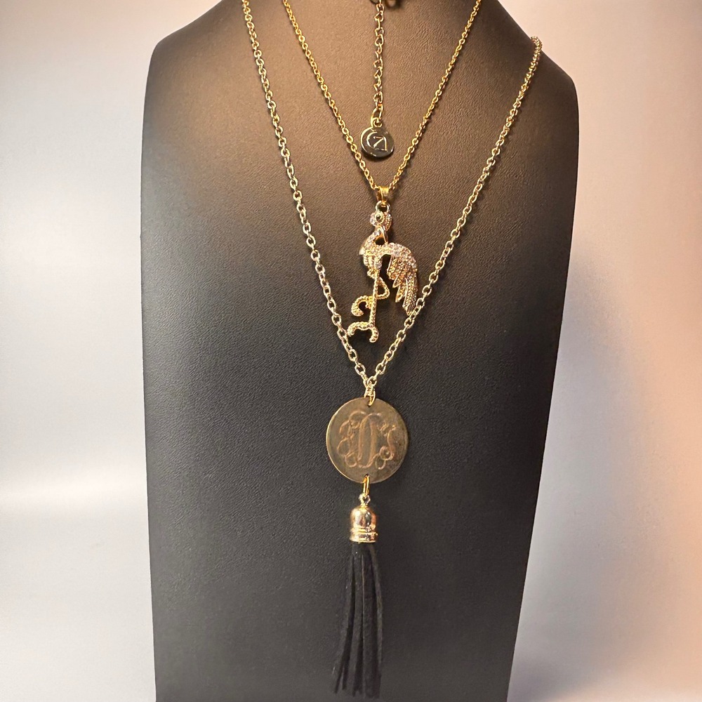 Layered Necklace Gold Flamingo Rhinestone Monogram Tassel Statement Boho Chic